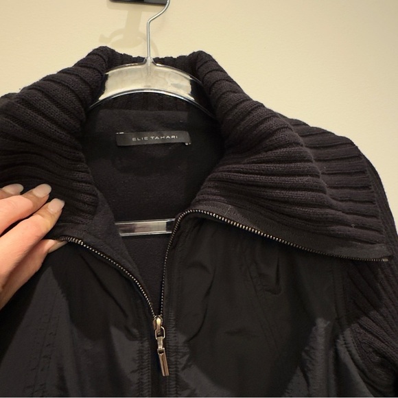 Elie Tahari Black Bomber Jacket with Ribbed Collar and Fitted Silhouette Size S - Picture 3 of 8